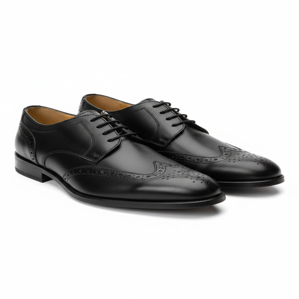 Mens Black Leather Oxford Shoes with Brogue Detailing